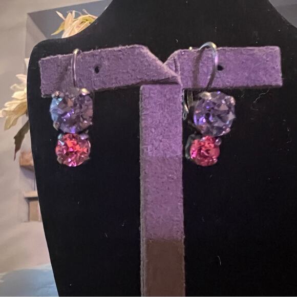 Silver Tone Purple & Pink Crystal Bling Earrings - Picture 6 of 7